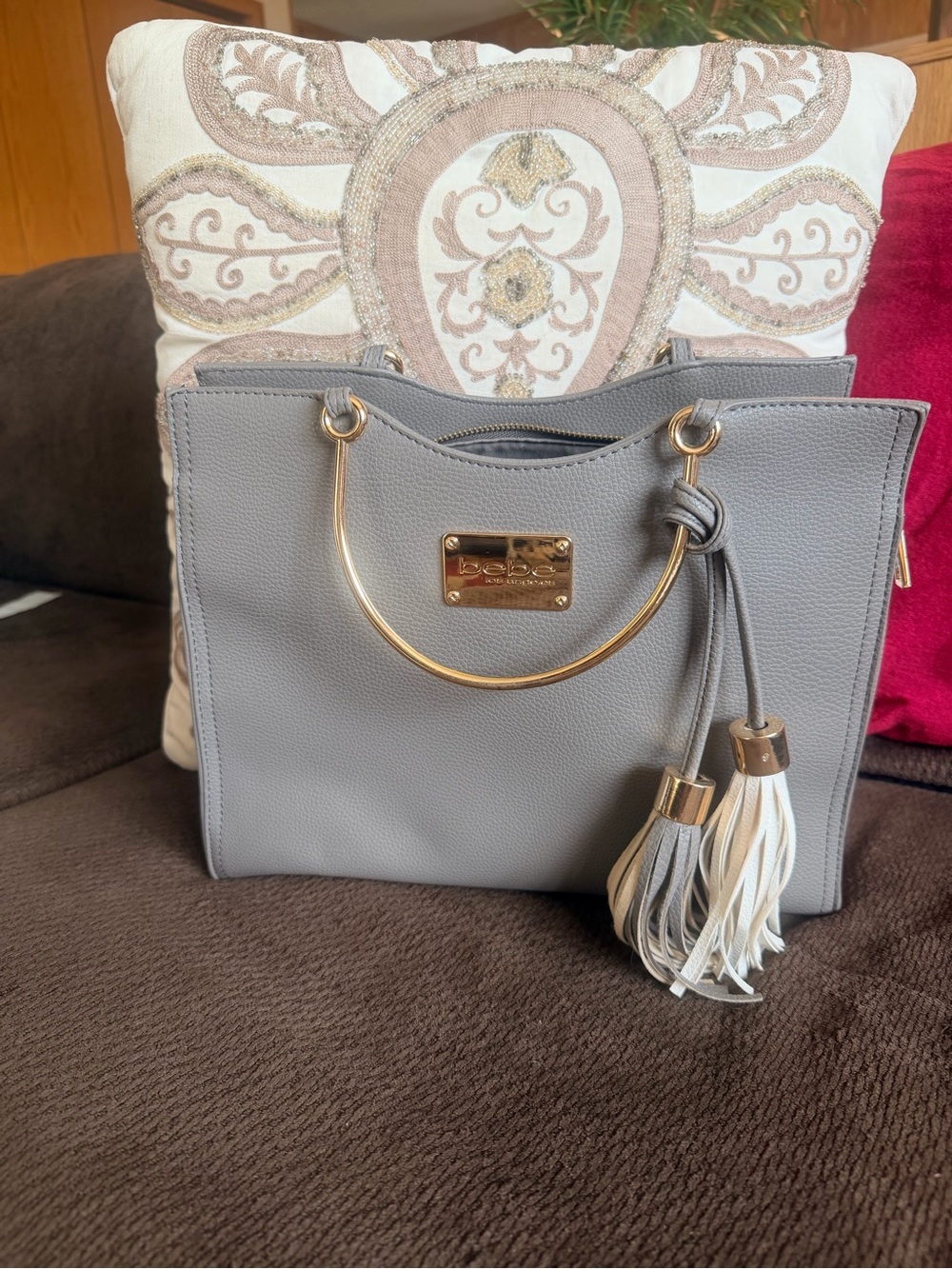 bebe Gray Satchel with Gold Ring Handles and Two-Tone Tassels